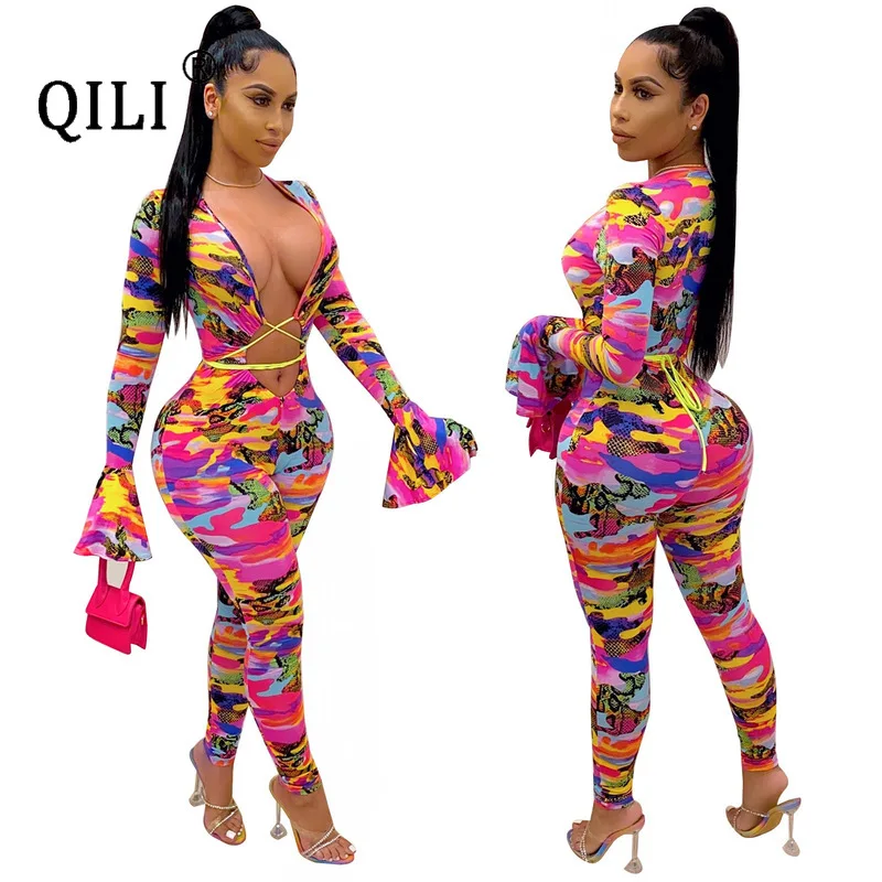 

QILI Sexy Bare Chest Flared Sleeves Jumpsuits Camouflage Print Hollow Out Lace Up Bodycon Jumpsuit Skinny Pencil Pants Jumpsuits