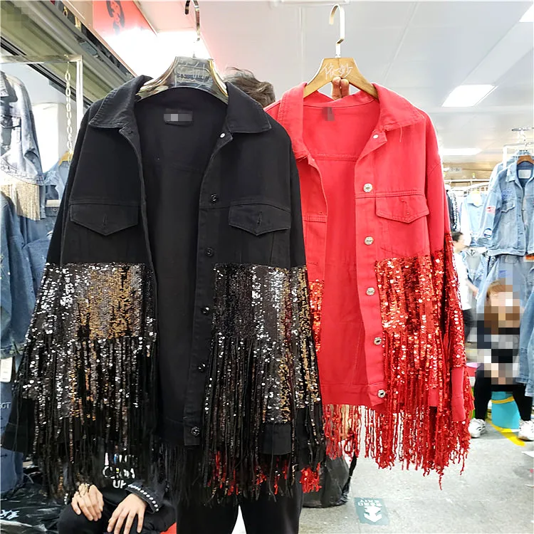 Ren джинсовое пальто Женщины Весна новая одна застежка имеют Sequines кисточкой черный/белый джинсовая куртка Женская Базовая джинсовая куртка