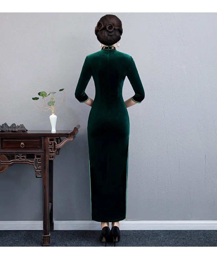Китайское стильное длинное Чонсам ручной работы из бисера Cheongsam элегантное велюровое платье cheongsam церемониальное Ципао ретро платье