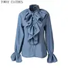 Autumn Winter Women Shirt Loose Casual Solid Color Ruffles Puffed Sleeve Blouse Blue Elegant Female Lady Blouse Top Shirts ► Photo 3/6