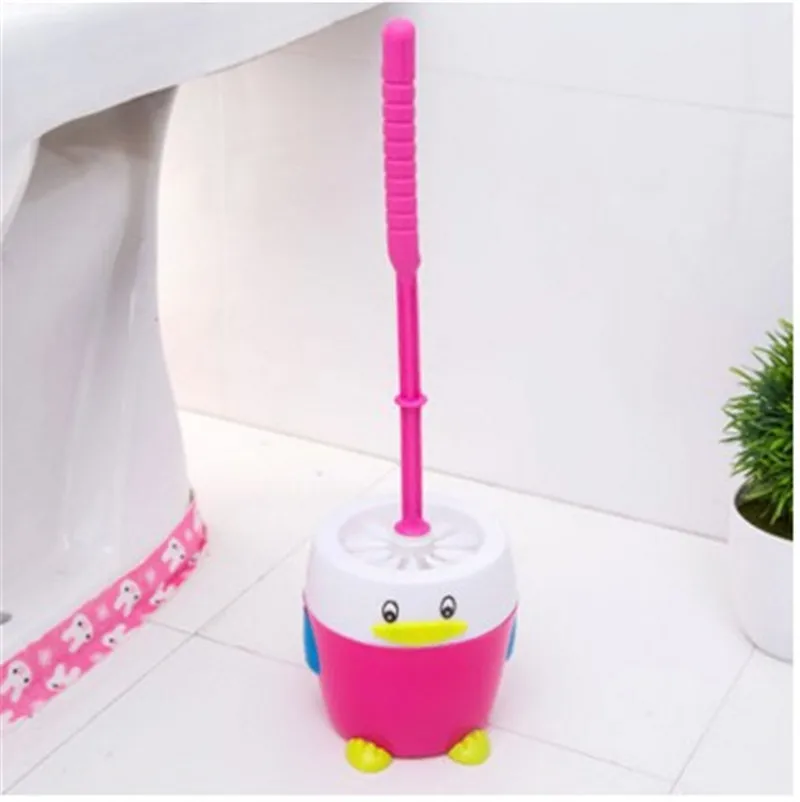 pink GESEW щетка для унитаза мультяшный Пингвин Нескользящая ручка напольная пластиковая длинная ручка щетка для ванной Аксессуары для ванной комнаты - Цвет: pink