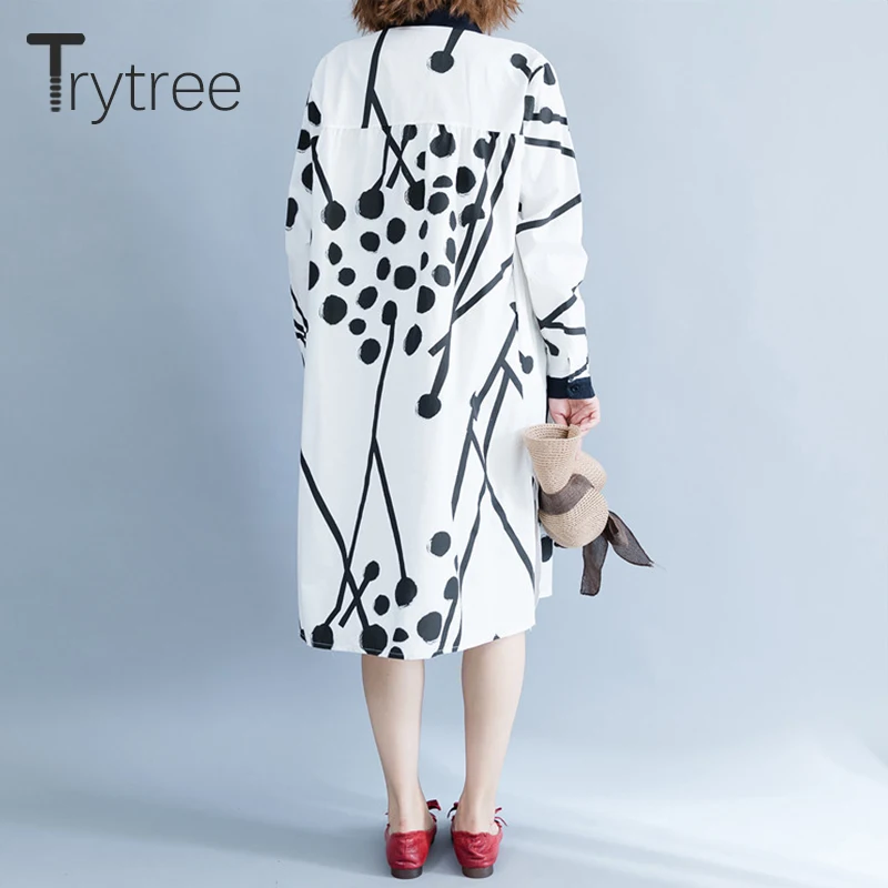 Trytree, осенняя повседневная женская блуза на пуговицах, хлопок, с принтом, длинный рукав, отложной воротник, Офисная Женская рубашка, свободные, а-силуэт, топы