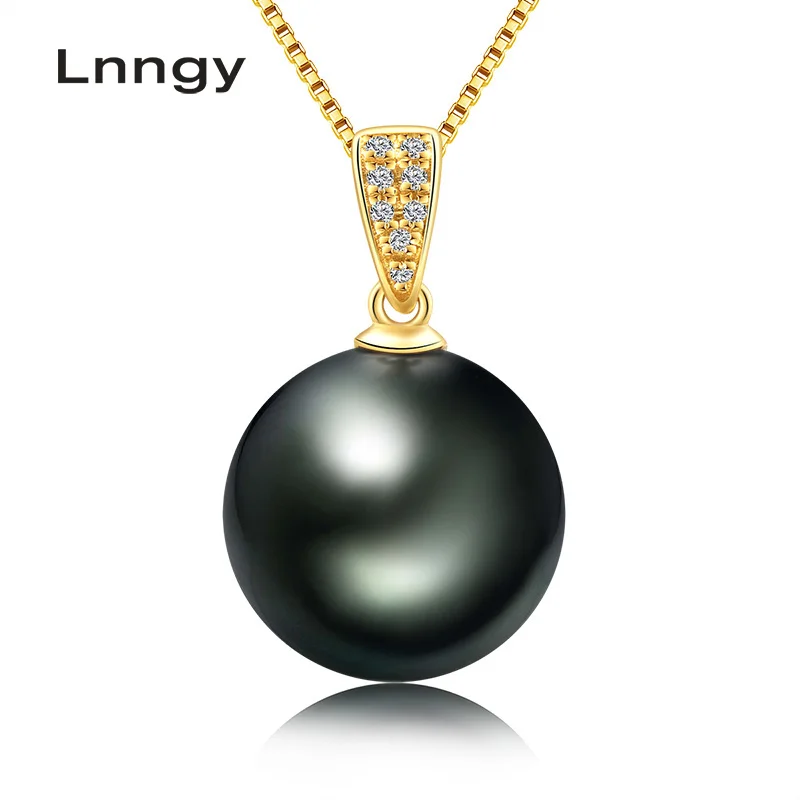 

Lnngy 18K Solid Gold Real Diamond Black Pearl Pendant 10-11mm Natural Tahitian Pearl Women Pendant with Silver Necklace(Gift)
