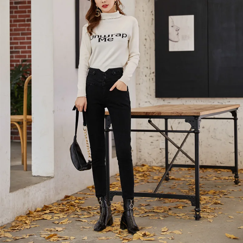 Autumn jeans female casual solid color decorative buttons Slim jeans