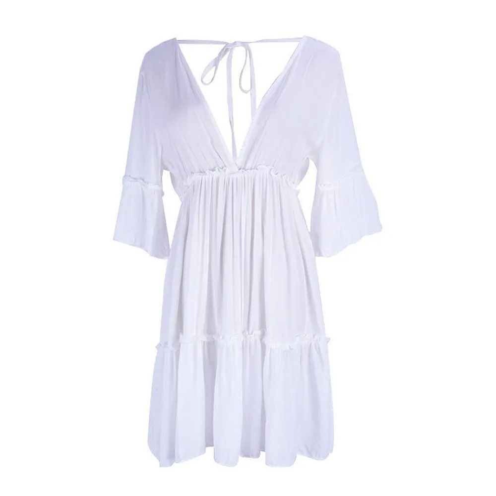 Women Swimsuit Cover Up Sleeve Beach Tunic Dress Robe Solid White Cotton Pareo Beach Dress High Collar Cover Up Beach Wea