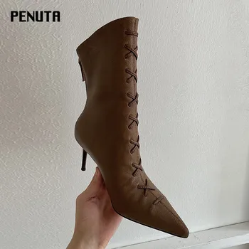 

2020 PENUTA Female Sexy High Heel Boots Pointed Toe Cross-tied European Sheepskin Shoes Zipper Up Ladies Ankle Booties New D0044