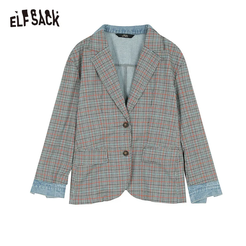 ELFSACK клетчатый Джинсовый блейзер в стиле пэчворк для женщин, осень, корейский стиль, женские блейзеры и куртки, уличная Офисная Женская верхняя одежда - Цвет: Gray