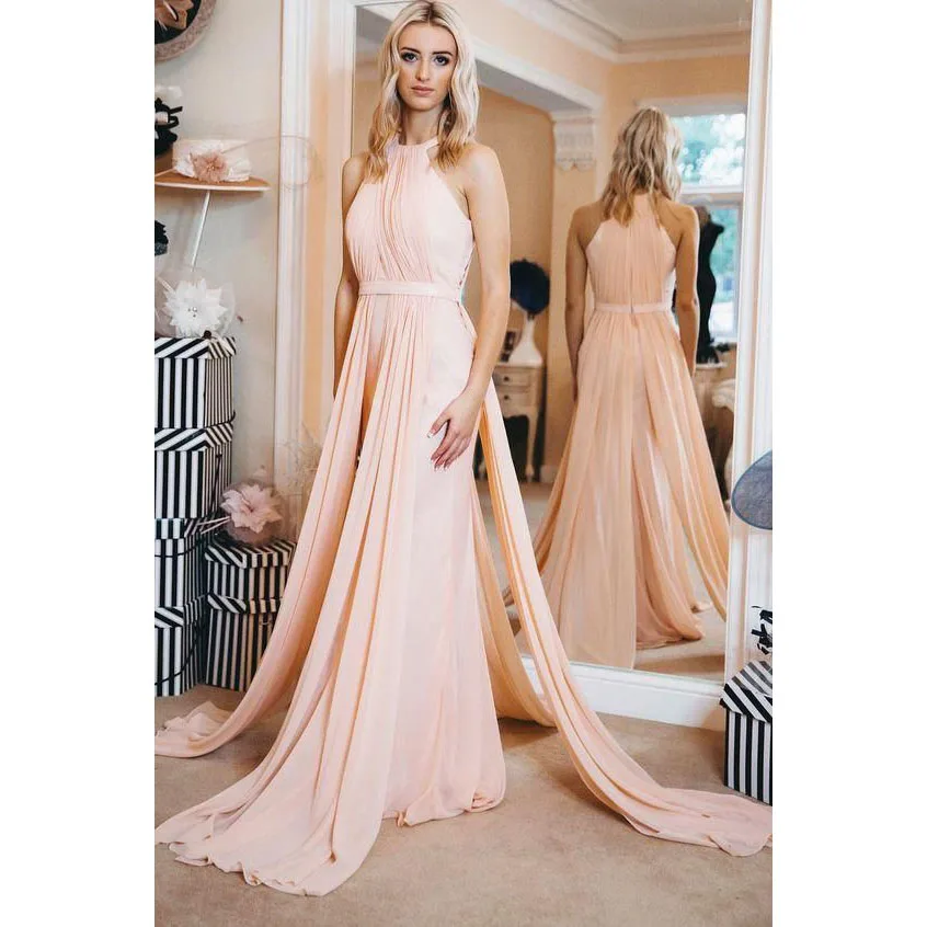 

Elegant Halter Ruched Blush Pink Prom Dress Long Evening Dress with Belt Mermaid Sleeveless Flowing Formal Party Gowns Custom