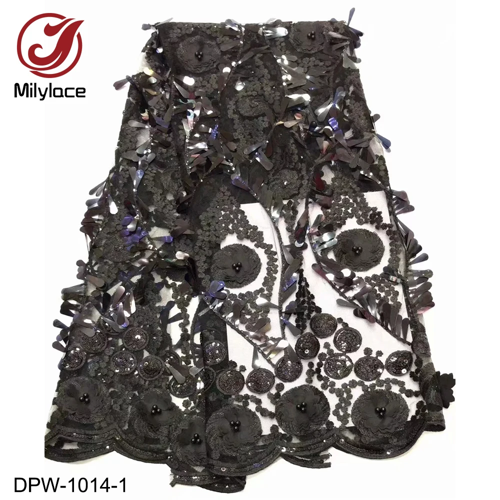 

Black African Tulle Lace Fabric High Quality 3D Applique with Sequin Beaded Lace Net Lace for Wedding Dress DPW-1014