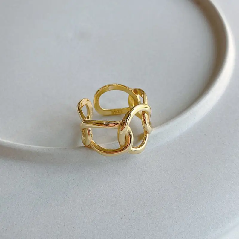 Gold Silvology, 925 пробы, Серебряное Плетение, широкая цепочка, кольца, 18 К, золото, ажурные, высокое качество, минималистичные кольца для женщин, элегантное ювелирное изделие - Цвет камня: Gold