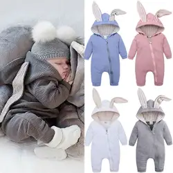 Комбинезон с капюшоном и заячьими ушками для новорожденных мальчиков и девочек, Одноцветный комбинезон с длинными рукавами, одежда на