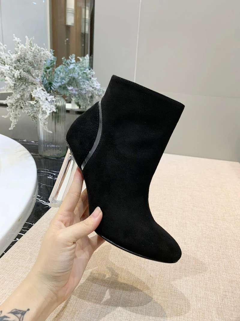 Hot Women Ankle boots Suede Winter Autumn Fashion Lady Transparent High Heels Pumps Women Botas Shoes Mujer Zapatos - Цвет: Черный
