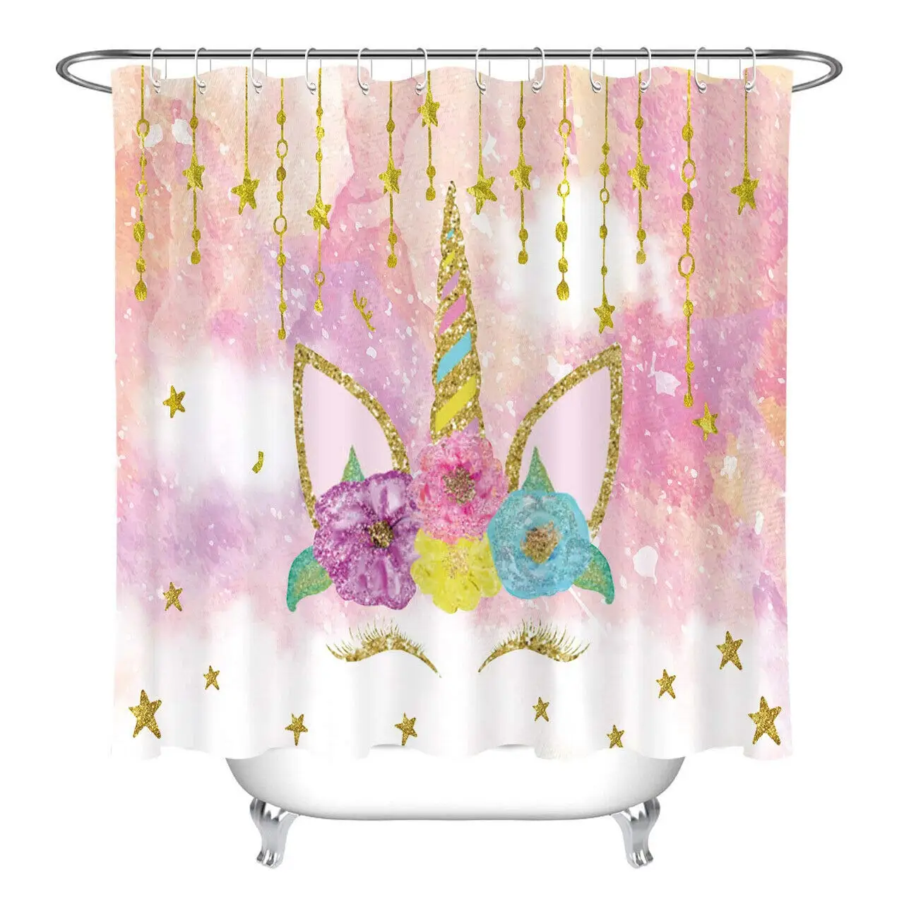 

Retro Background Unicorn Hanging Gold Stars Shower Curtain Set Waterproof Fabric Shower Curtain Bath Shower Bathroom Accessories