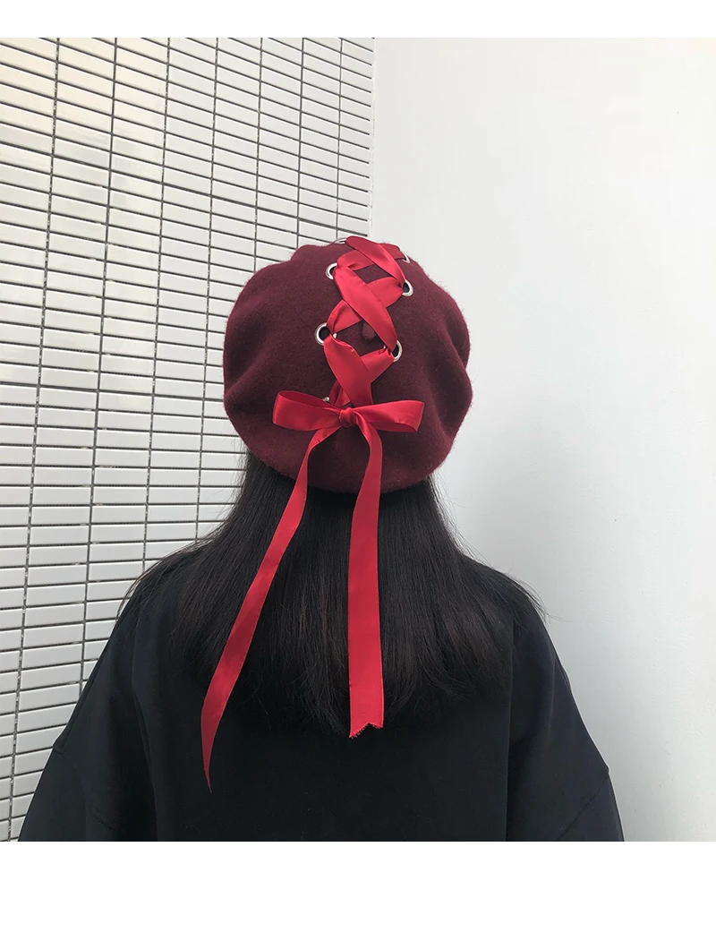 H3543, женский шерстяной берет, Корейская шапка Harajuku с перекрестной повязкой, вязаная шляпа с бантом, Осень-зима, для художника, высокое качество, модные женские шапки на ремешке