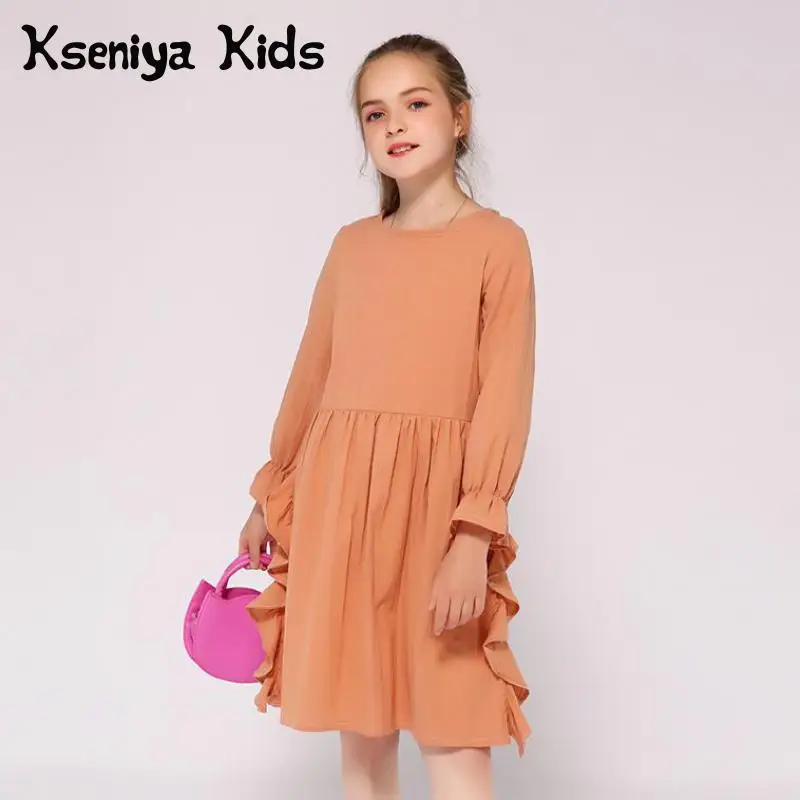 

Kseniya Kids Hot Selling Spring Autumn Cotton Long Sleeve Dress Ruffle Solid Color For 2 to 9 Years