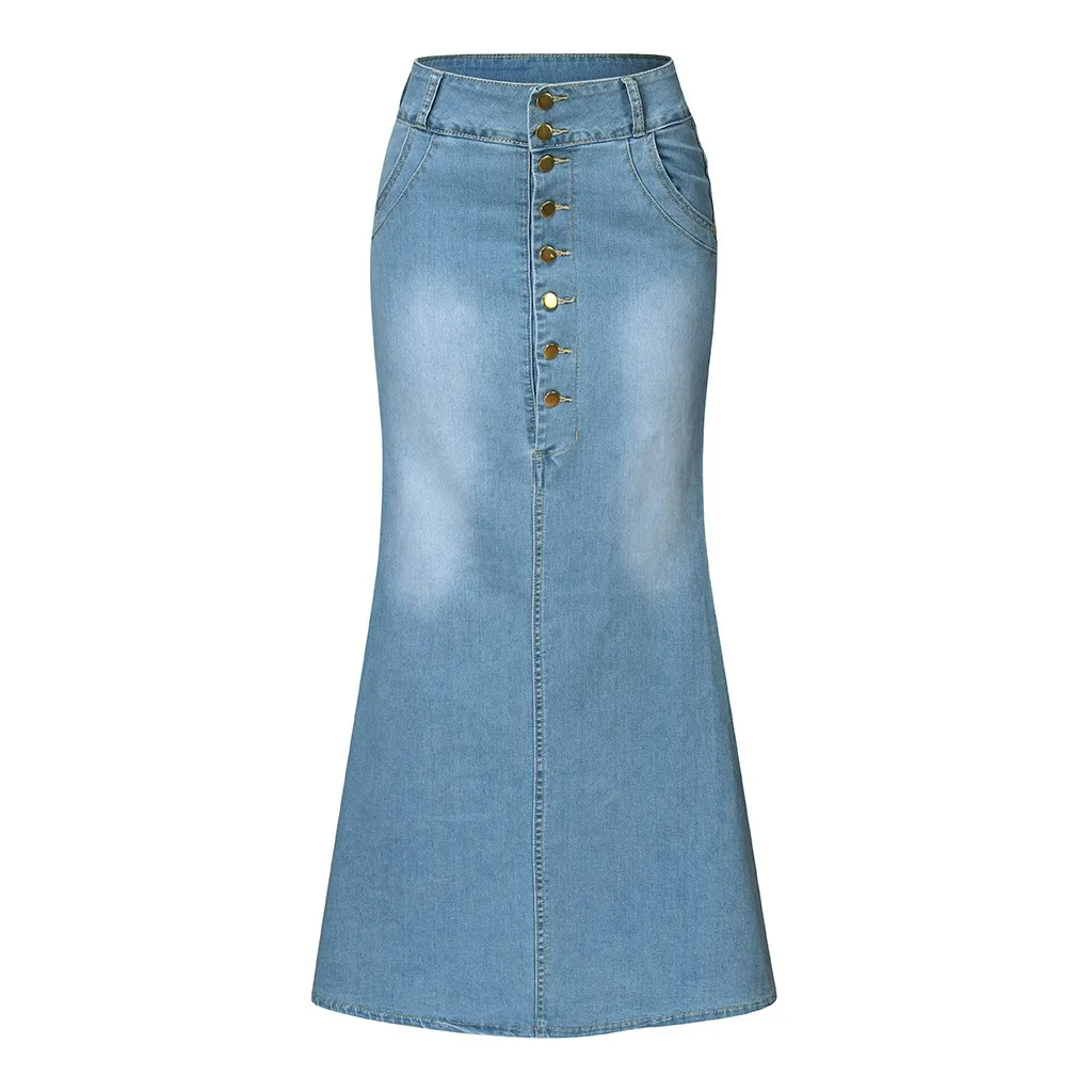 Light blue Женские повседневные потертые джинсовые юбки трапециевидной формы с пуговицами спереди, длинная джинсовая юбка, юбки для женщин, s jupe femme faldas mujer moda кожаня - Цвет: Light blue