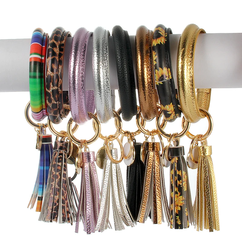 

2019 New Monogram PU Leather O Key Chain Custom Circle Tassel Wristlet Keychain Wholesale For Women Girls