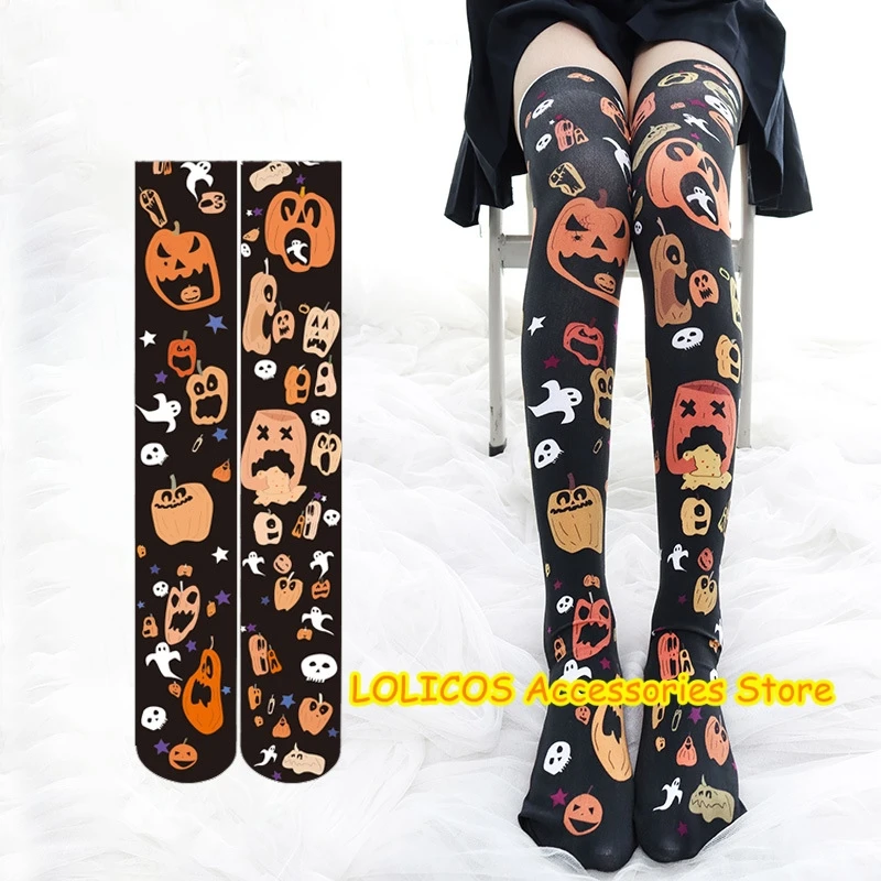 

Halloween Pumpkin Print Lolita Thigh high Socks Japanese Anime Girl Over Knee Socks Women Gothic Devil Knee High Socks Cosplay