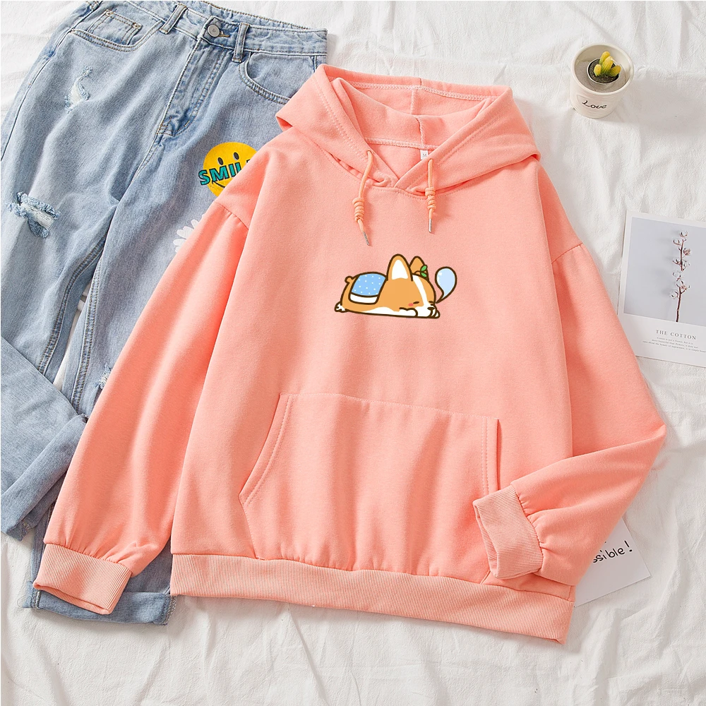 

Korean Style Women Harajuku Cotton Kawaii Dog Printed Hoodie Long-sleeved Pocket Streetwear Hoodies Pink Sweet Loose Sweatshirt