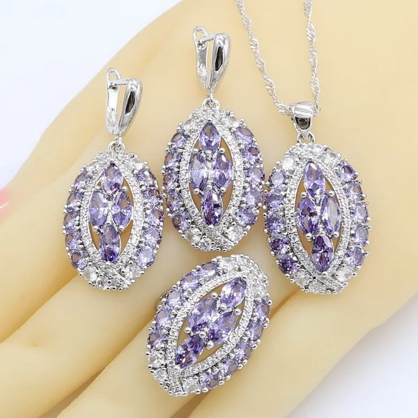 3pcs No bracelet Геометрический сиреневый Циркон 925 Серебряные Ювелирные наборы для женщин браслет серьги ожерелье кулон кольцо подарок для свадьбы дня рождения - Окраска металла: 3pcs No bracelet
