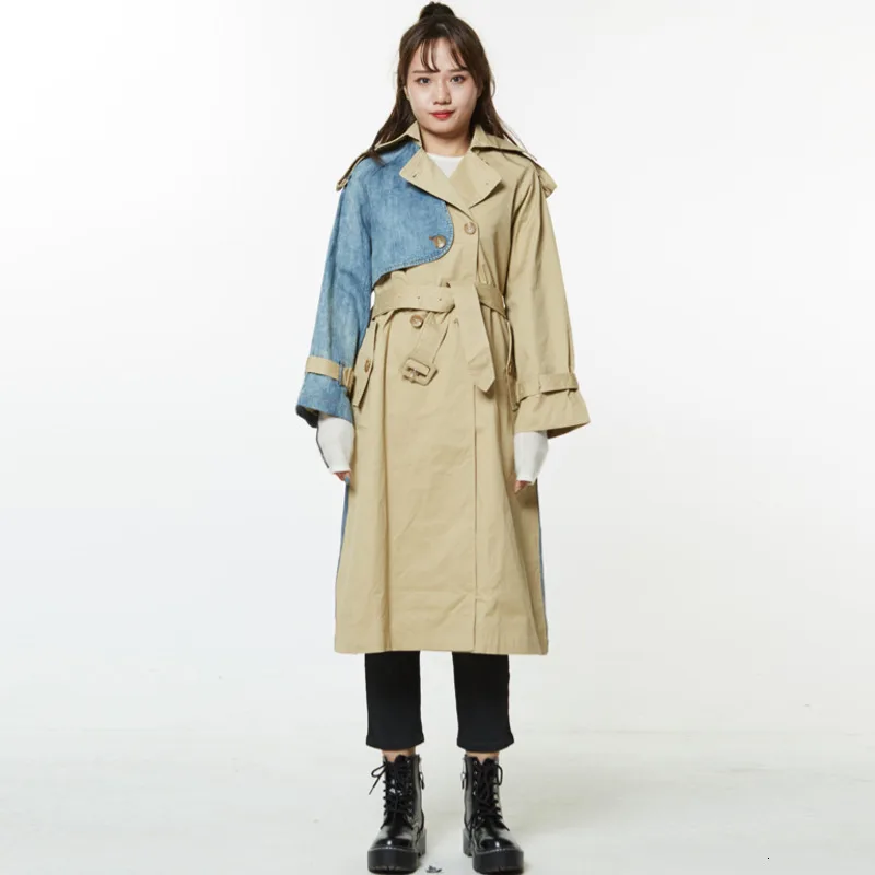 LANRMEM new autumn and winter fashion women turn-down collar full sleeves denim patchwork double breasted waist belts