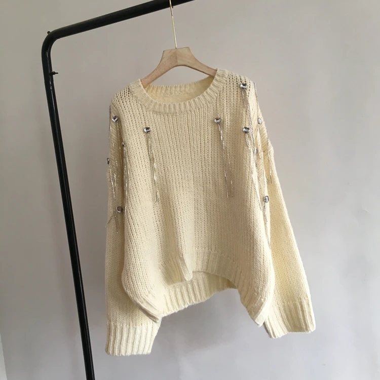Neploe алмаз Бисер кисточкой Pull Femme Для женщин Повседневное пуловер с длинными рукавами свитер с круглым вырезом осень-зима вязаный Топ джемпер 56321