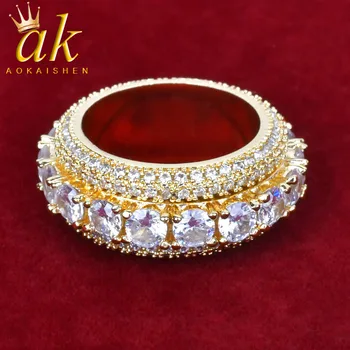

5 Row Solid Men's Ring Copper Charm Gold Color Cubic Zircon Iced RING Fashion Hip Hop Jewelry Rotatable