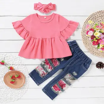 

Fall Toddler Girl Clothes 12 Month Baby Girl Clothes Solid Ruffled Short Flare Sleeve Shirt Retro Floral Print Ripped Jeans 3pcs