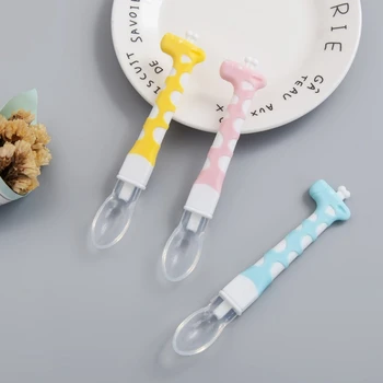 

Baby Spoon Three Color Optional Creative Cartoon Giraffe Bending Easy To Take Elbow Training Eat Feeding Practice Transparent