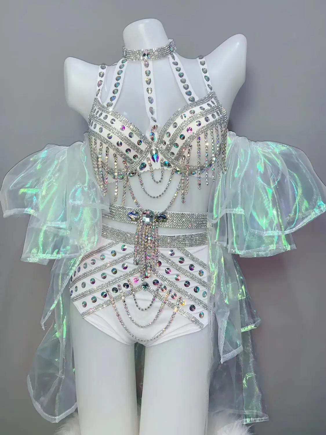 Conjunto de Traje de baile de Graduation de cantante de Bar de noche conjunto de Bikini fluorescente corto sujetador de borla de