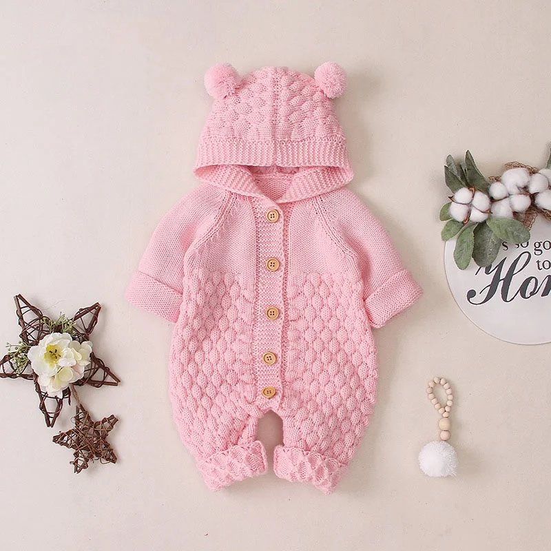 CROAL chery/вязаный детский комбинезон; комбинезон с длинными рукавами; зимняя одежда для младенцев; осенняя одежда для новорожденных мальчиков и девочек - Цвет: Розовый