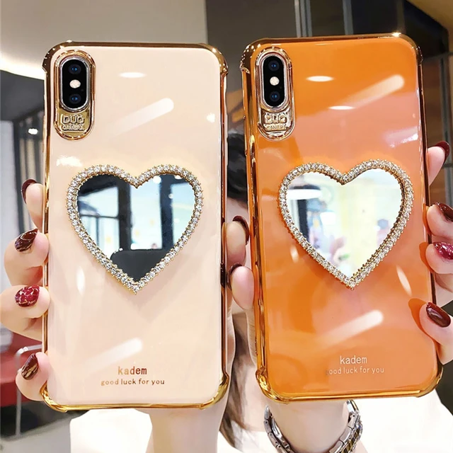 Makeup Mirror Mobile Phone Case Bling Heart Shaped Mirror Phone Case for  iPhone