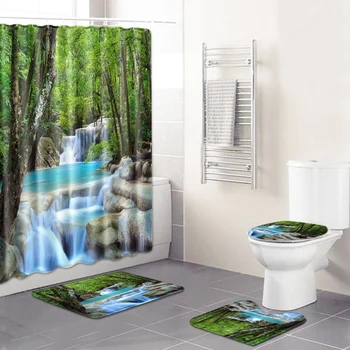 

3D Nature Scenery Bathroom Set Shower Curtain Toilet Lid Cover Bath Mat 4Pcs Set