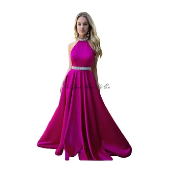 

Gorgeous Halter Prom Dresses 2020 Fuchsia Beading Prom Gown Corset Back Satin A-line Long Dress For Party Vestido De Festa