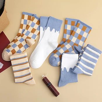 

1Pair Japanese Style Mid Tube Socks Blue Cotton Women Socks Stripe/Square/Patchwork Color Breathable Socks Nics Gifts
