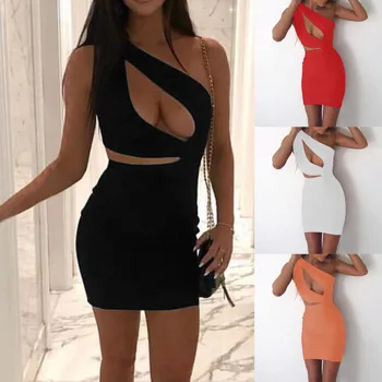 

2020 New Body-con Dress Women Summer Sexy One Shoulder Short Clothes Sleeveless Hollow Package Hip Dress Vestidos De Verano
