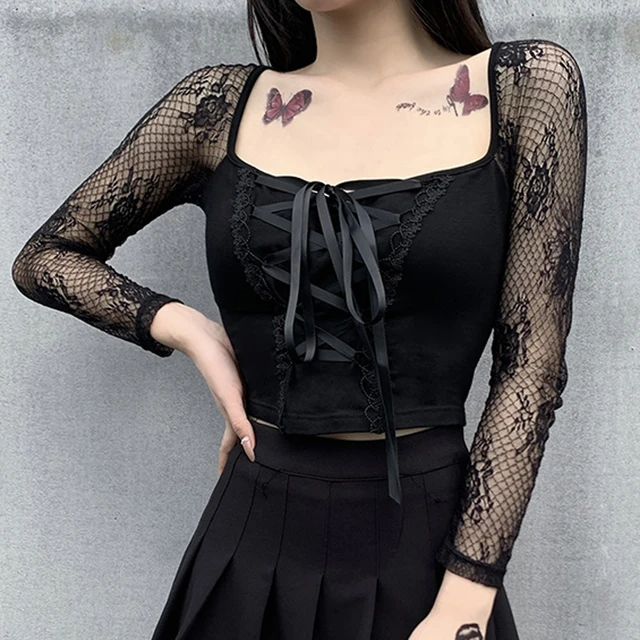 Insdoit Gothic Clothes Sexy Lace See Through Tops Women Vintage Flower  Embroidery Long Sleeve Streetwear Party Elegant Crop Top - T-shirts -  AliExpress