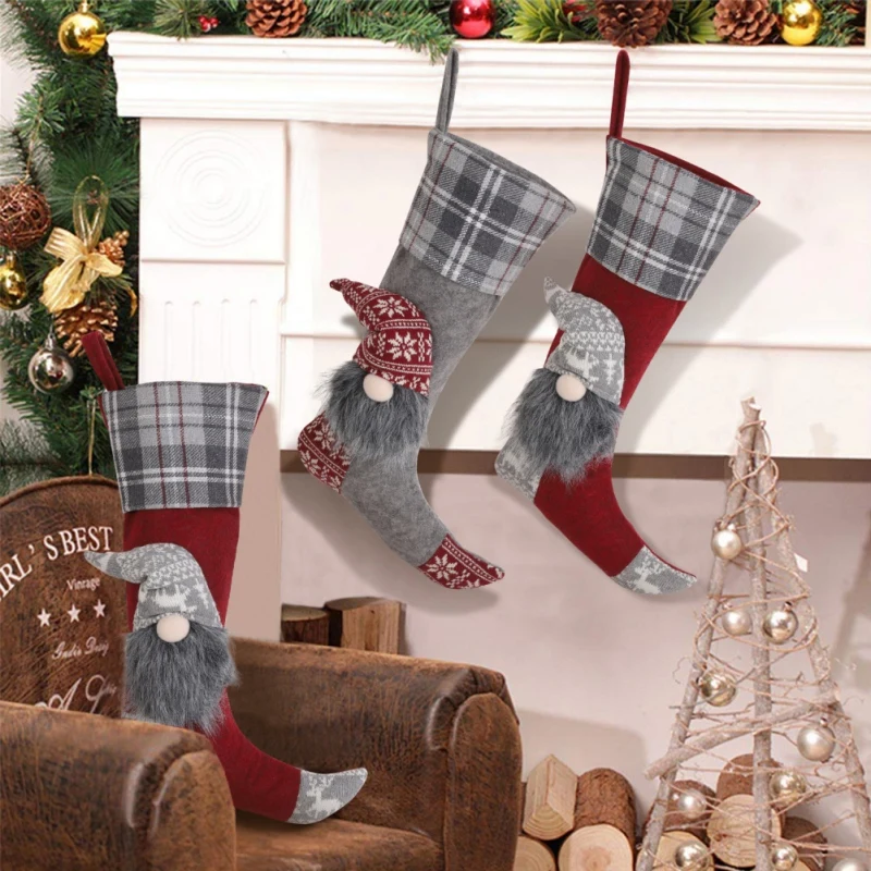 

Christmas Santa Stocking Plaid Pattern Gift Holder Bag with Santa Doll Xmas Tree Hanging Sock Ornament Christmas Home Decoration