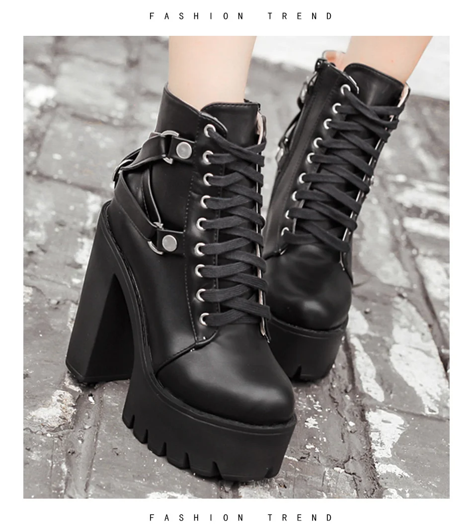 Botas negras de tacón para mujer, zapatos de plataforma de cuero suave con  encaje de otoño, botines de fiesta, tacones altos Punk _ - AliExpress Mobile