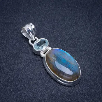 

Natural Blue Fire Labradorite And Blue Topaz Handmade Unique 925 Sterling Silver Pendant 1.5" B3159