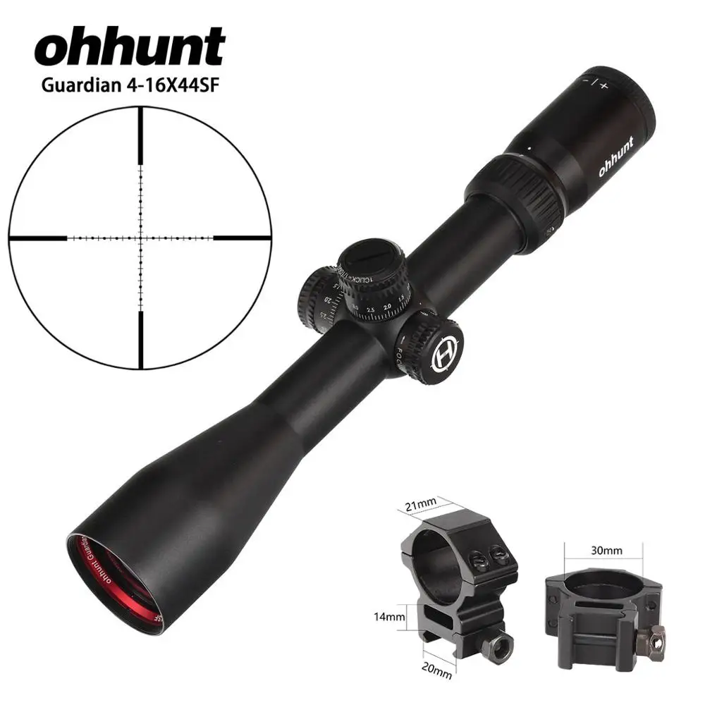 Охотничий ohhunt Guardian 4-16X44 SF прицел 1/2 полумиллиметровая точка сетка боковая Parallax башенки замок сброс тактические оптические прицелы - Цвет: with Picatinny Rings