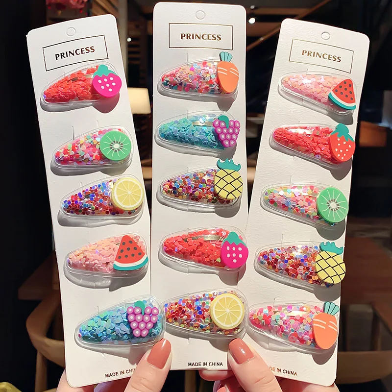 ZSIIBO Ins 5Pcs/Set Baby Girls Fruit Sequin Princess Shiny Colorful Hair Clips Sweet Headwear Accessories Hairpins Barretts |