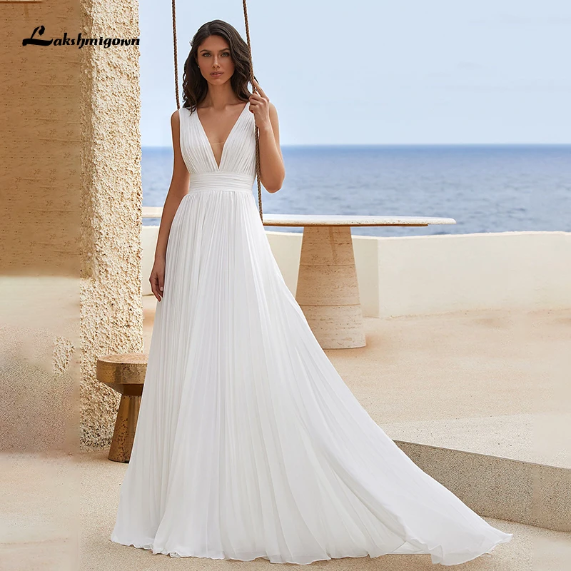 

Lakshmigown Chiffon A Line Wedding Dresses for Woman V Neck Backless Simple Boho Pleat Dresses Sexy Bridal Gowns Robe De Mariee
