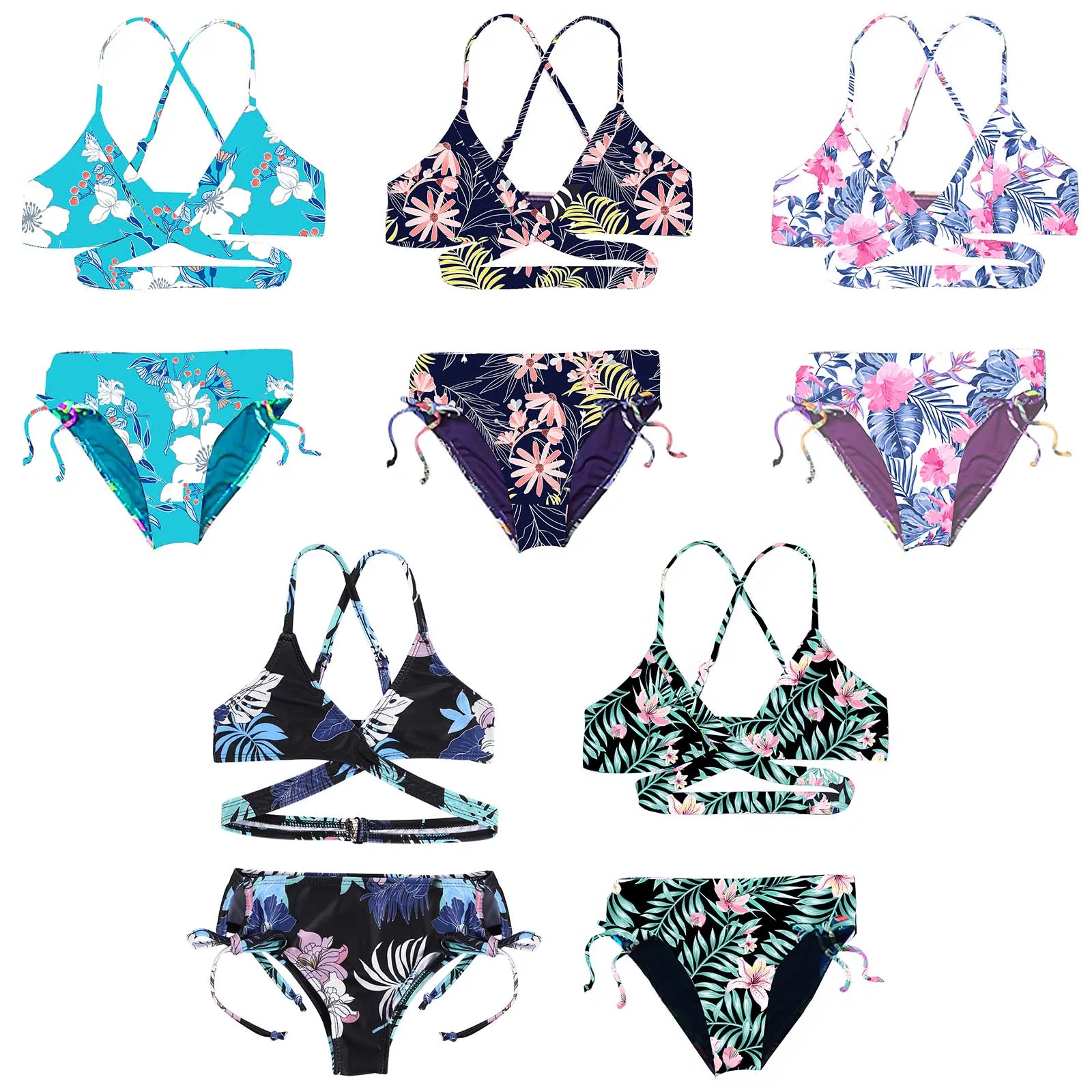 Kids Summer Bikini Swimwear Girls Print Tankini Swimsuit Adjustable Straps Bra with Low Waist Brief Beach Sunbath Bathing Suit