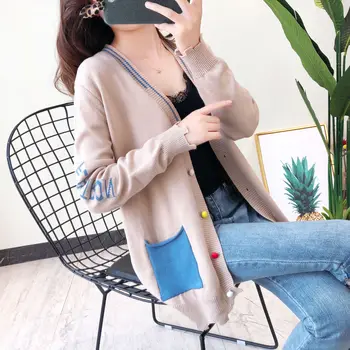 

2019 Winter Korean Women Sweater Patchwork Broken Jumper Female Striped Pocket V Neck Cardigan Loose Oversized Knitted Sweaters
