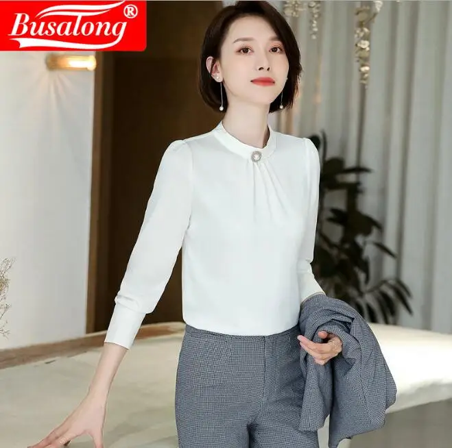 whiteblouse Модные женские брючные костюмы, хлопковые куртки с длинным рукавом, одноцветные однобортные топы и брюки, женские деловые комплекты из двух предметов - Цвет: whiteblouse