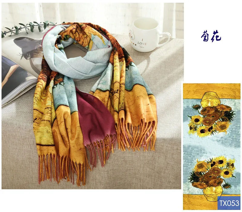 Дизайнерский женский зимний кашемировый шарф шаль Цифровая роспись шаль Ван Гог Картина маслом пашмины Дамский шарф