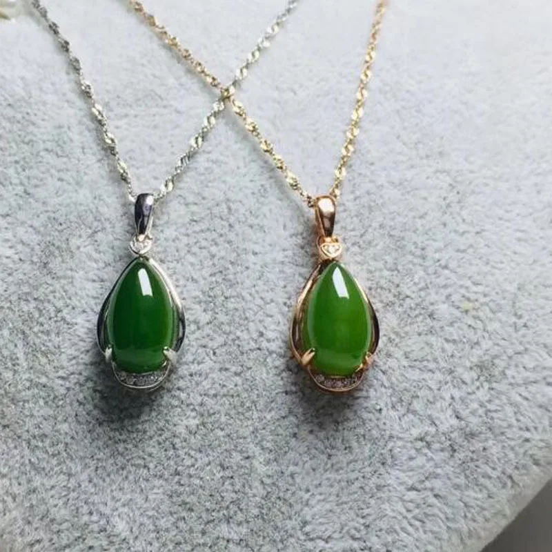 Natural 925 Sterling Silver Hetian Jasper Water Drop Silver Chain Pendant For Womens Charms Jewelry Christmas Gift
