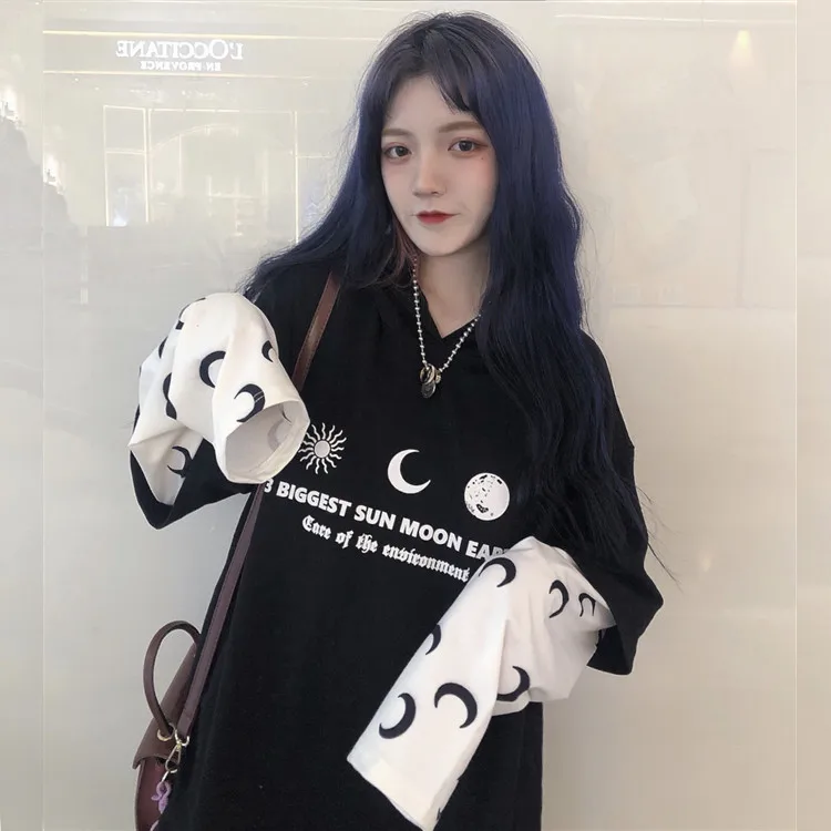 Harajuku уличная Винтажная Футболка для женщин, одежда, осень, корейский Ulzzang, с принтом, с капюшоном, Футболки женские, полный поддельные два топа