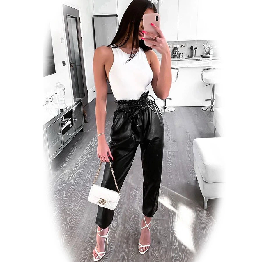 Новые женские черные штаны из искусственной кожи с карманами и поясом зауженные